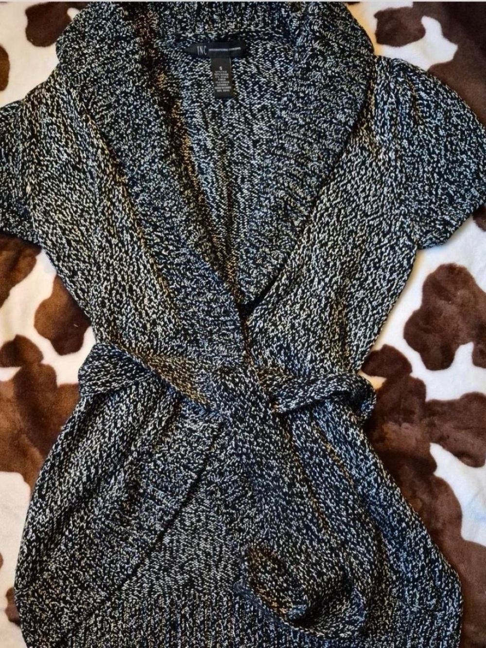 INC International Concepts Black & White Marled Short-Sleeve Wrap Cardigan